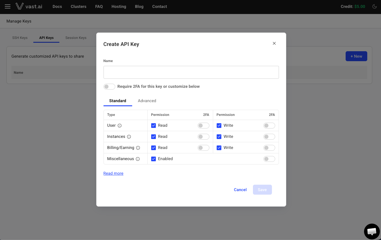 Vast.aiのAPI key作成画面